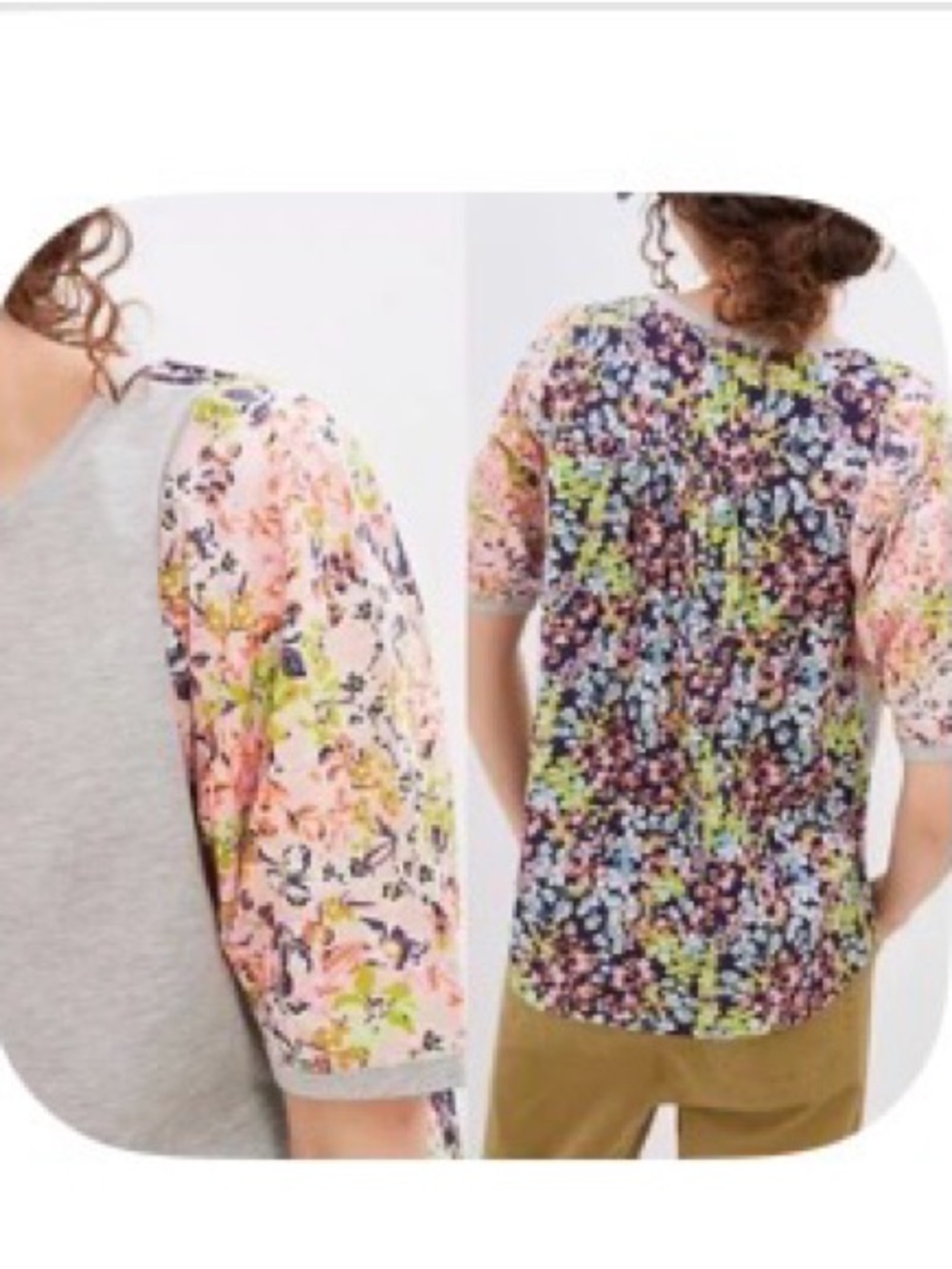 Anthropologie Maeve Suzanne top, navy background floral and gray front